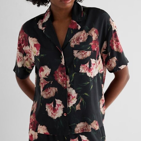 🆕 NWT Express Satin Pajama Set, Size Medium, Floral on Black - Picture 4 of 7